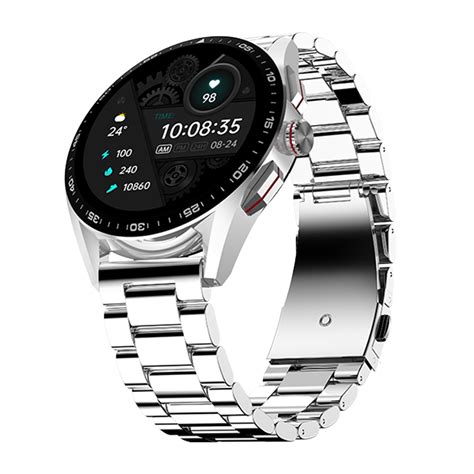 smart watch with silver strap.